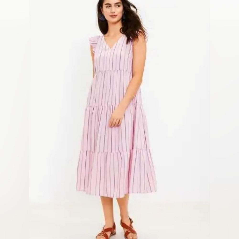 LOFT Striped Midi Dress in Pink and White